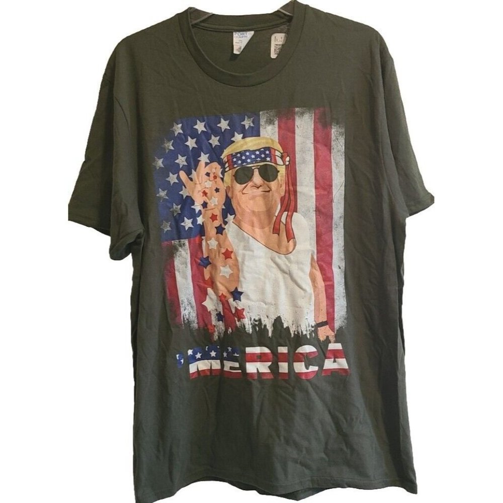 Pro Donald Trump 'Merica USA T-shirt Flag Patriotic America MAGA Large New Olive